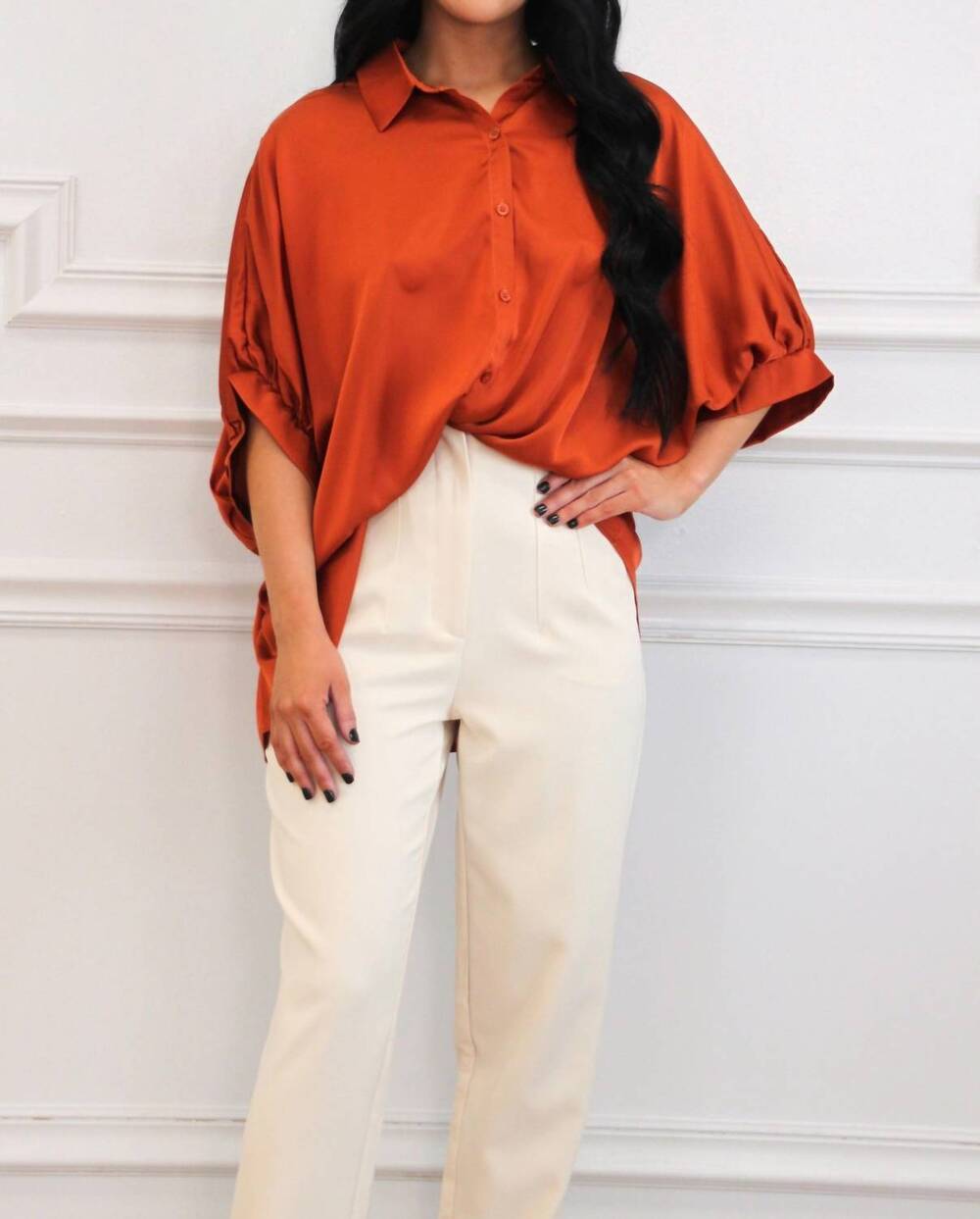 NEW DAY + MOON solara satin button down top in rust